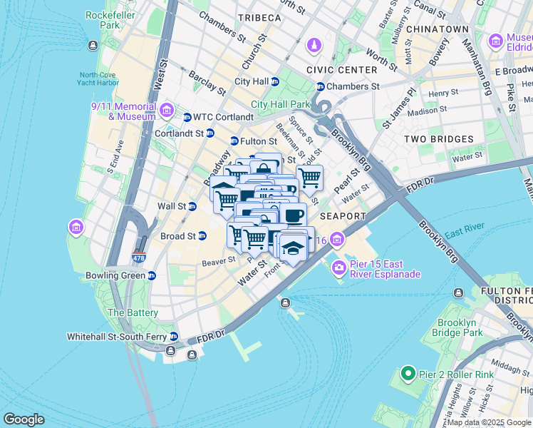 map of restaurants, bars, coffee shops, grocery stores, and more near 101 Maiden Lane in New York