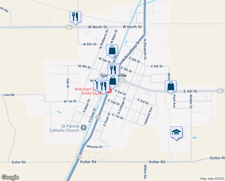 map of restaurants, bars, coffee shops, grocery stores, and more near 100 East 3rd Street in Spencerville