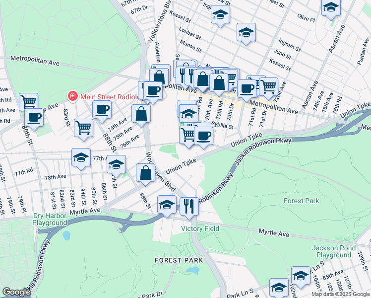 map of restaurants, bars, coffee shops, grocery stores, and more near 8989 Union Turnpike in Queens