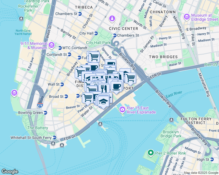 map of restaurants, bars, coffee shops, grocery stores, and more near 200 Water Street in New York