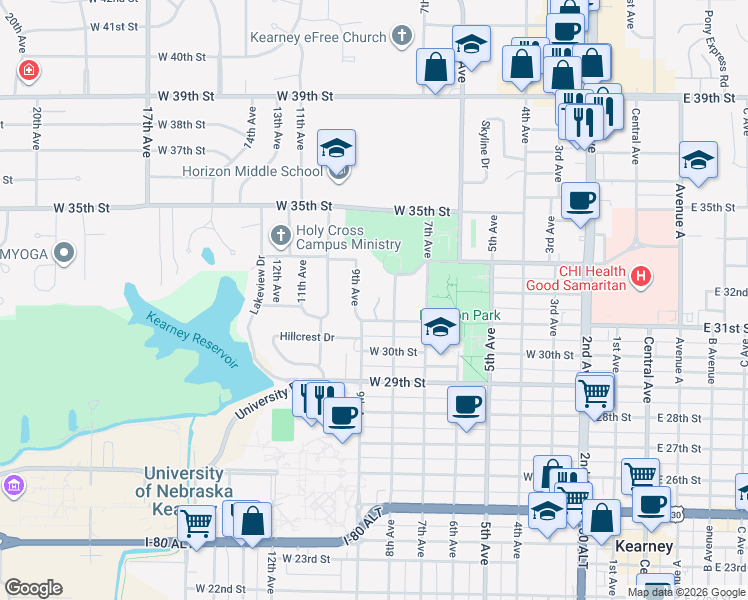 map of restaurants, bars, coffee shops, grocery stores, and more near 815 West 31st Street in Kearney