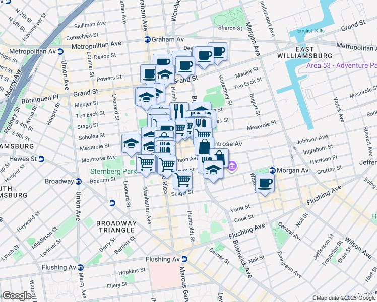 map of restaurants, bars, coffee shops, grocery stores, and more near 221 Johnson Avenue in Brooklyn