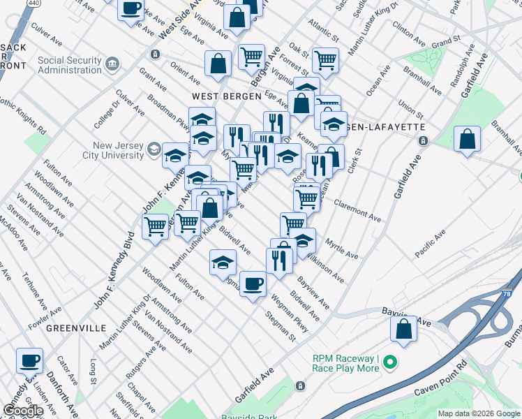 map of restaurants, bars, coffee shops, grocery stores, and more near 53 Bostwick Avenue in Jersey City