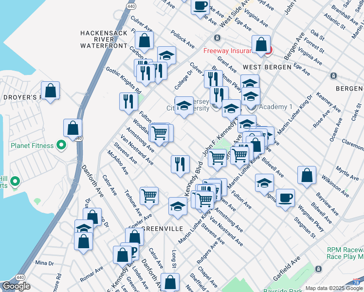 map of restaurants, bars, coffee shops, grocery stores, and more near 299 Fulton Avenue in Jersey City