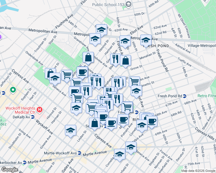 map of restaurants, bars, coffee shops, grocery stores, and more near 2 Saint Johns Road in Queens