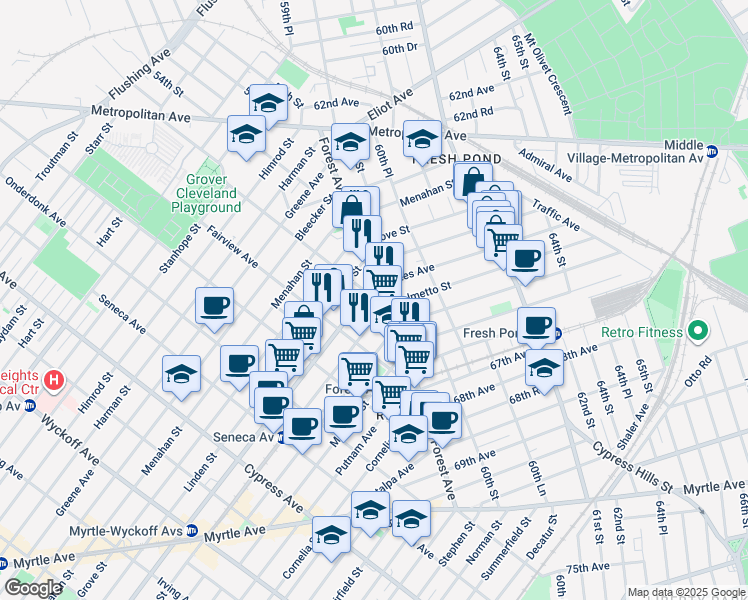 map of restaurants, bars, coffee shops, grocery stores, and more near in Queens