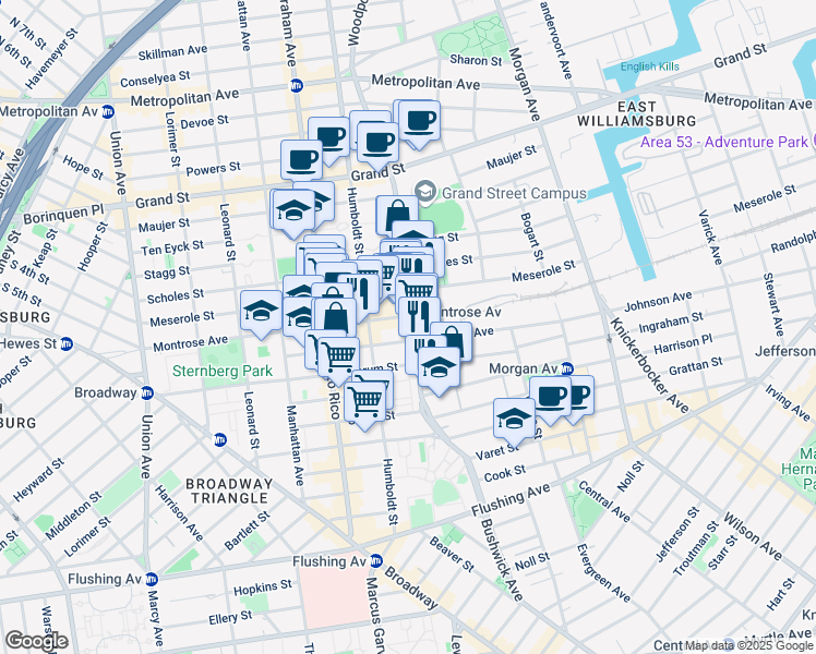 map of restaurants, bars, coffee shops, grocery stores, and more near 258 Bushwick Avenue in Brooklyn