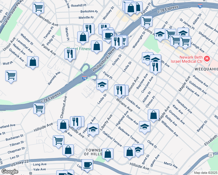 map of restaurants, bars, coffee shops, grocery stores, and more near 357 Winans Avenue in Hillside
