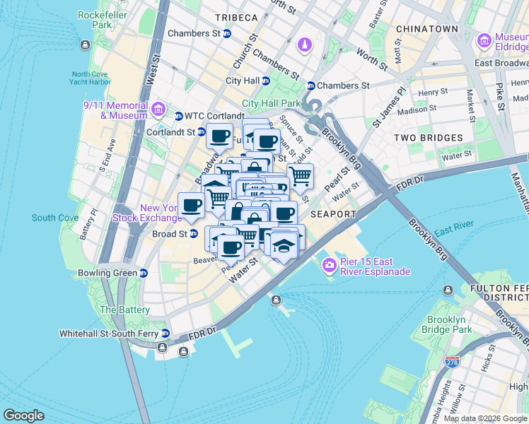 map of restaurants, bars, coffee shops, grocery stores, and more near 4 Gold Street in New York