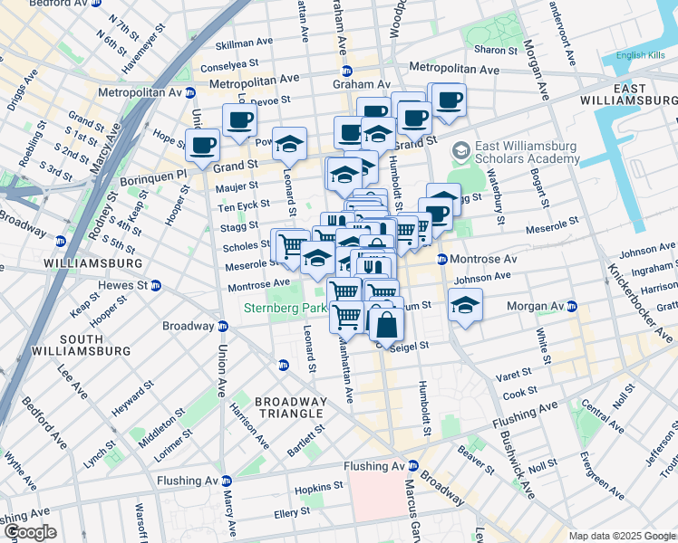 map of restaurants, bars, coffee shops, grocery stores, and more near 138 Montrose Avenue in Brooklyn