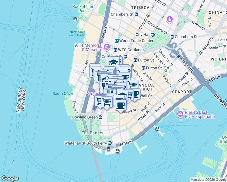 map of restaurants, bars, coffee shops, grocery stores, and more near 65 Broadway in New York