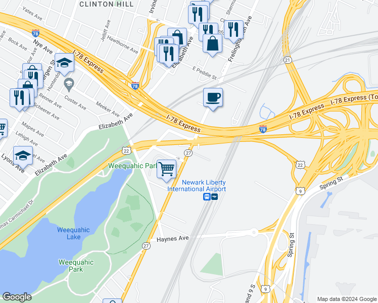 map of restaurants, bars, coffee shops, grocery stores, and more near 407 Frelinghuysen Avenue in Newark