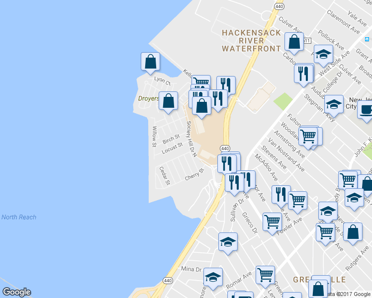 map of restaurants, bars, coffee shops, grocery stores, and more near 31 Juniper Street in Jersey City