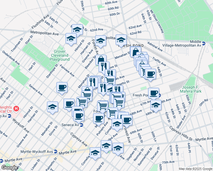 map of restaurants, bars, coffee shops, grocery stores, and more near 20-60 Gates Avenue in Queens