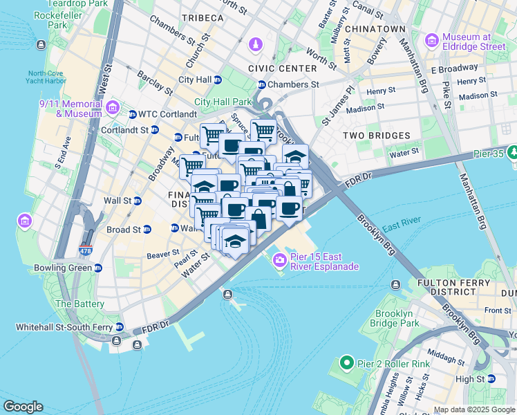 map of restaurants, bars, coffee shops, grocery stores, and more near 266 Pearl Street in New York