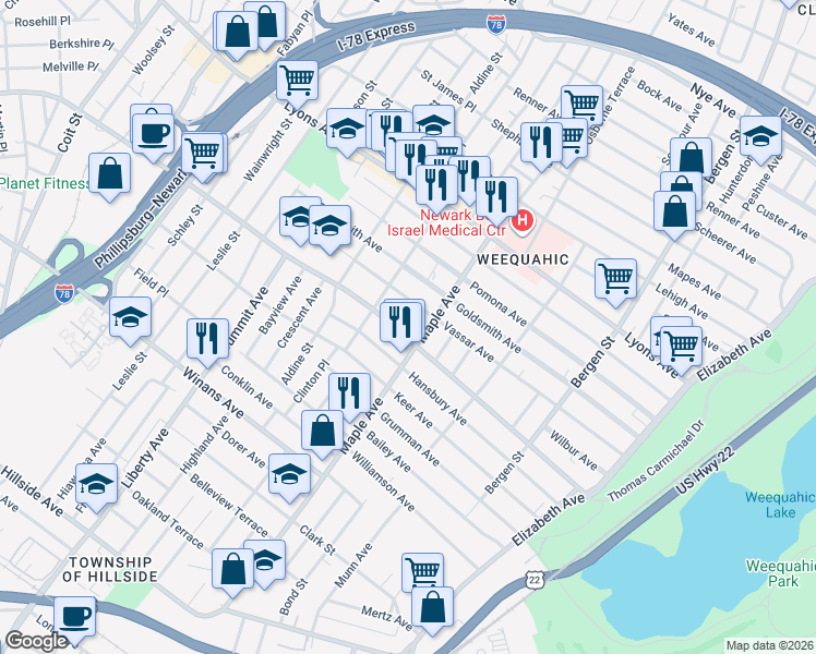 map of restaurants, bars, coffee shops, grocery stores, and more near 197 Chancellor Avenue in Newark