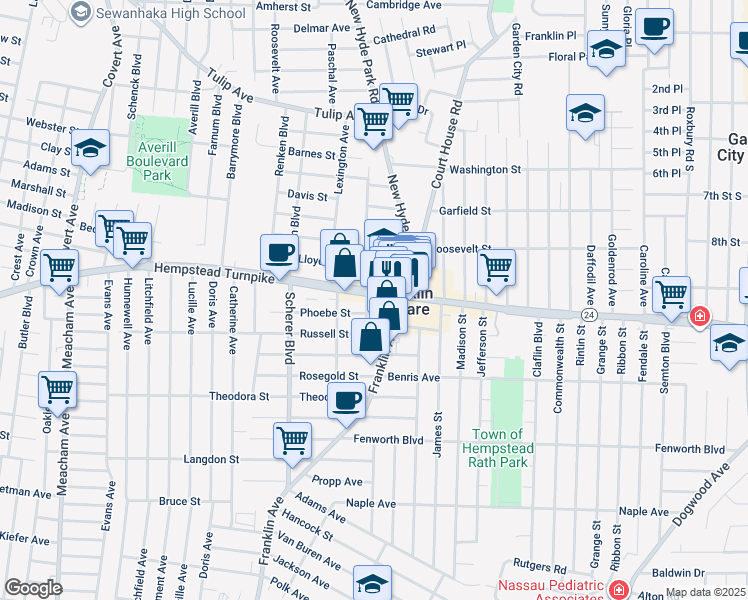 map of restaurants, bars, coffee shops, grocery stores, and more near 989 Hempstead Turnpike in Franklin Square
