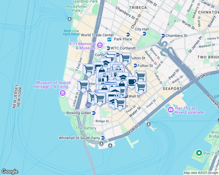 map of restaurants, bars, coffee shops, grocery stores, and more near 61 Broadway in New York