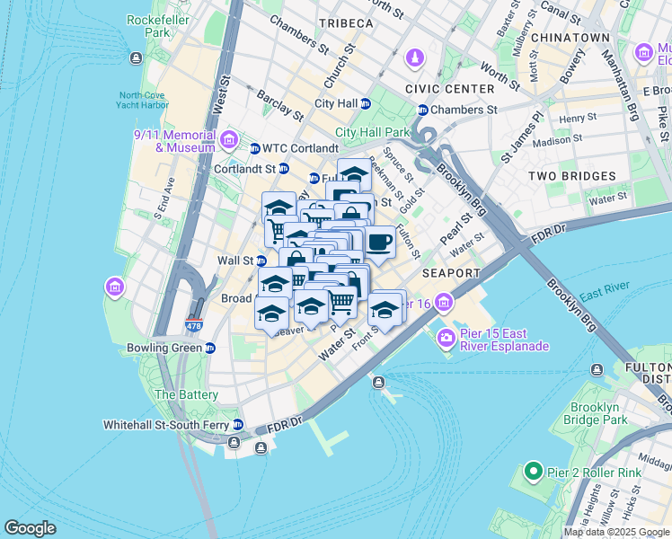 map of restaurants, bars, coffee shops, grocery stores, and more near 51 William Street in New York