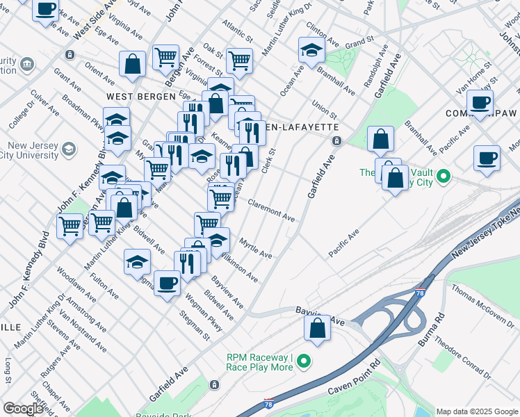 map of restaurants, bars, coffee shops, grocery stores, and more near 143 Arlington Avenue in Jersey City