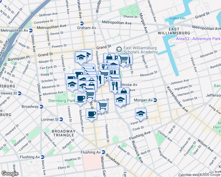 map of restaurants, bars, coffee shops, grocery stores, and more near 224 Montrose Avenue in Brooklyn