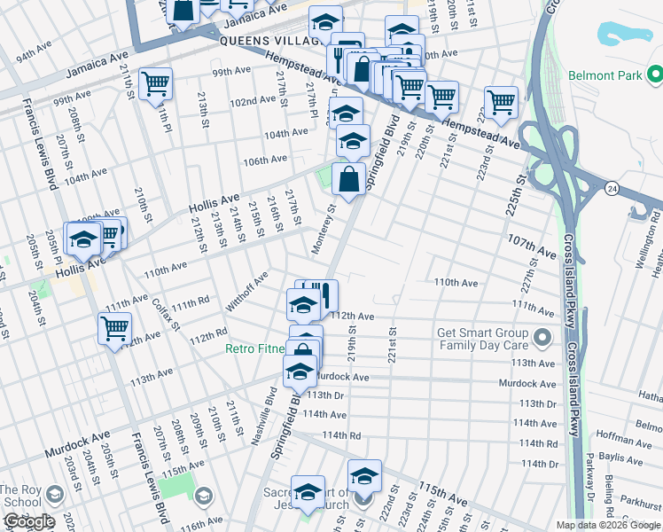 map of restaurants, bars, coffee shops, grocery stores, and more near Springfield Boulevard in Queens