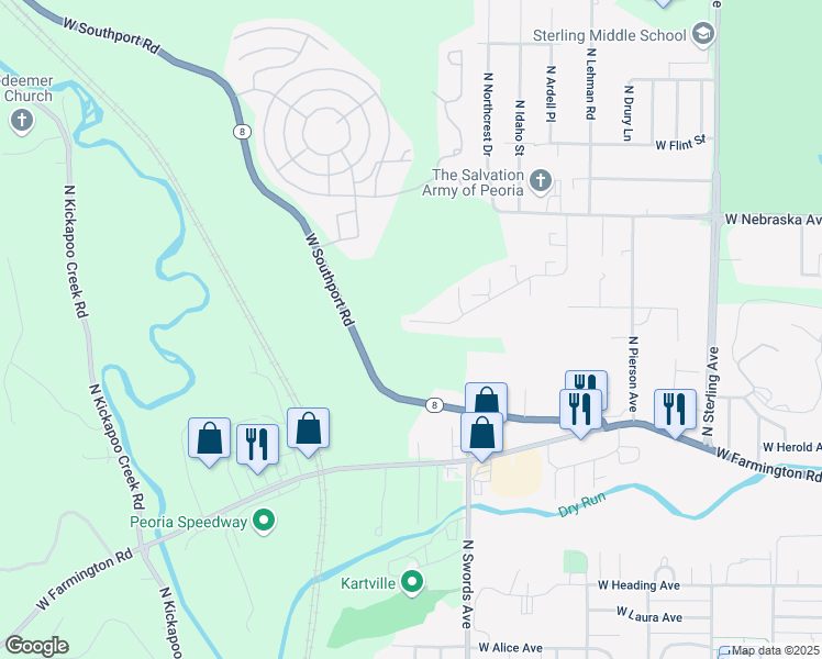 map of restaurants, bars, coffee shops, grocery stores, and more near 1504 North Great Oak Road in Peoria