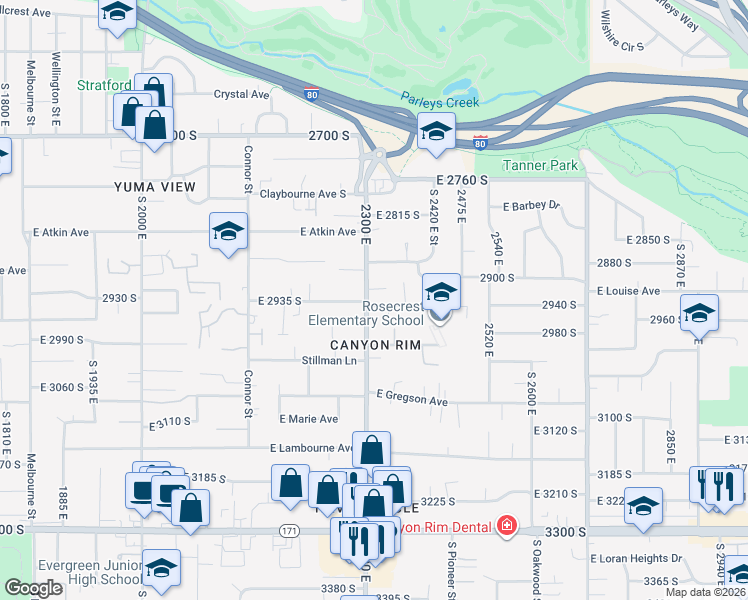 map of restaurants, bars, coffee shops, grocery stores, and more near 2340 Fisher Lane in Salt Lake City