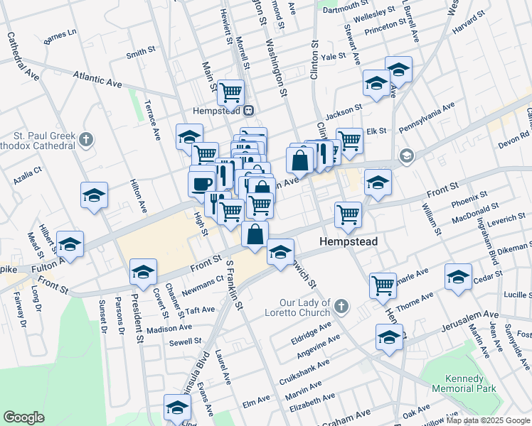map of restaurants, bars, coffee shops, grocery stores, and more near 16 Main Street in Hempstead