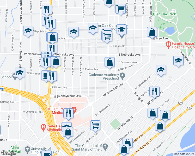 map of restaurants, bars, coffee shops, grocery stores, and more near 702 East La Salle Street in Peoria