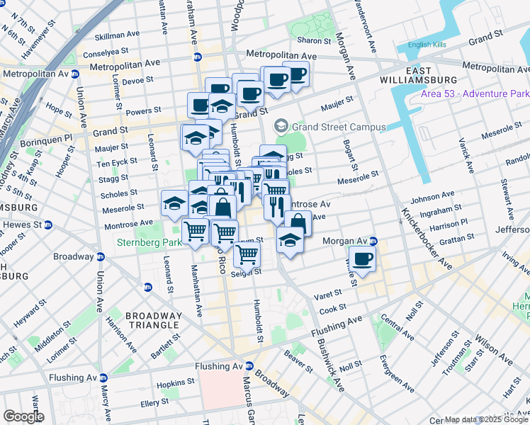 map of restaurants, bars, coffee shops, grocery stores, and more near 221 Johnson Avenue in Brooklyn