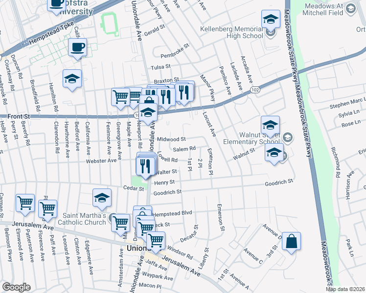 map of restaurants, bars, coffee shops, grocery stores, and more near 736 Salem Road in Uniondale