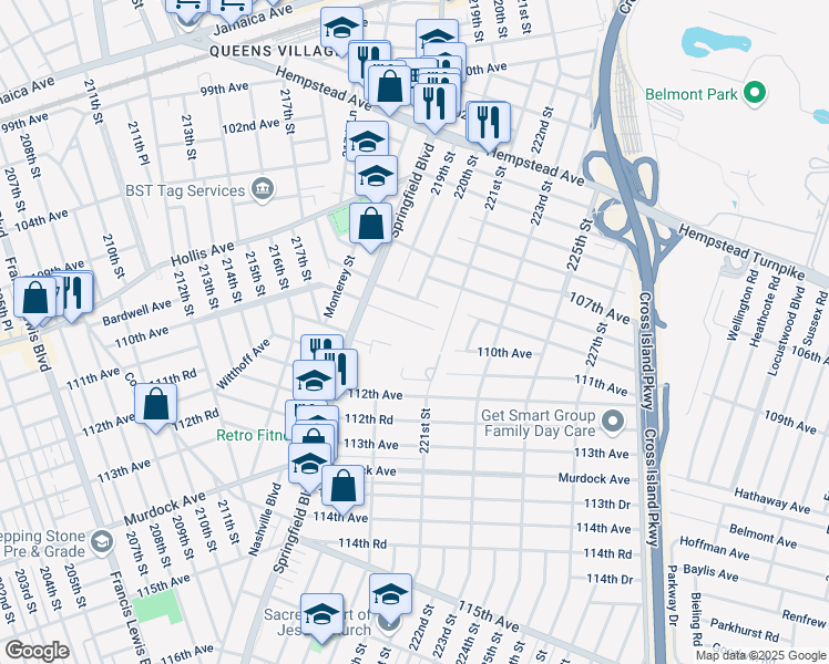 map of restaurants, bars, coffee shops, grocery stores, and more near 11054 Springfield Boulevard in Queens