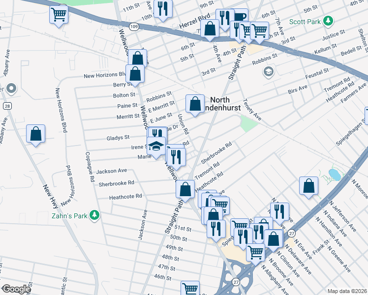 map of restaurants, bars, coffee shops, grocery stores, and more near 9 Evergreen Drive in Lindenhurst
