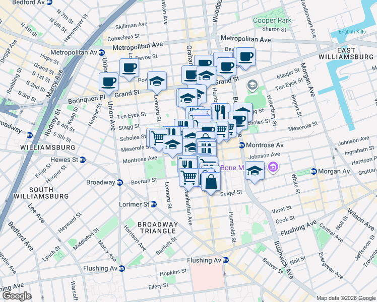 map of restaurants, bars, coffee shops, grocery stores, and more near 138 Montrose Avenue in Brooklyn