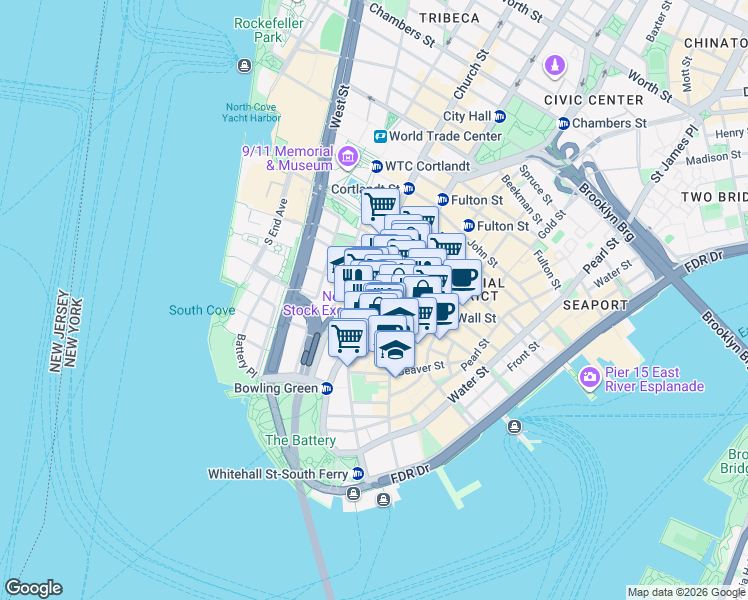 map of restaurants, bars, coffee shops, grocery stores, and more near 65 Broadway in New York