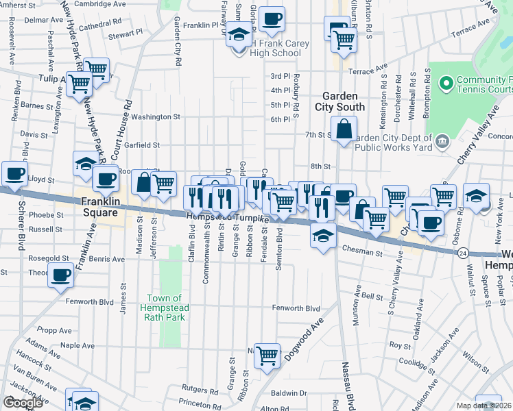 map of restaurants, bars, coffee shops, grocery stores, and more near 726 Hempstead Turnpike in Franklin Square