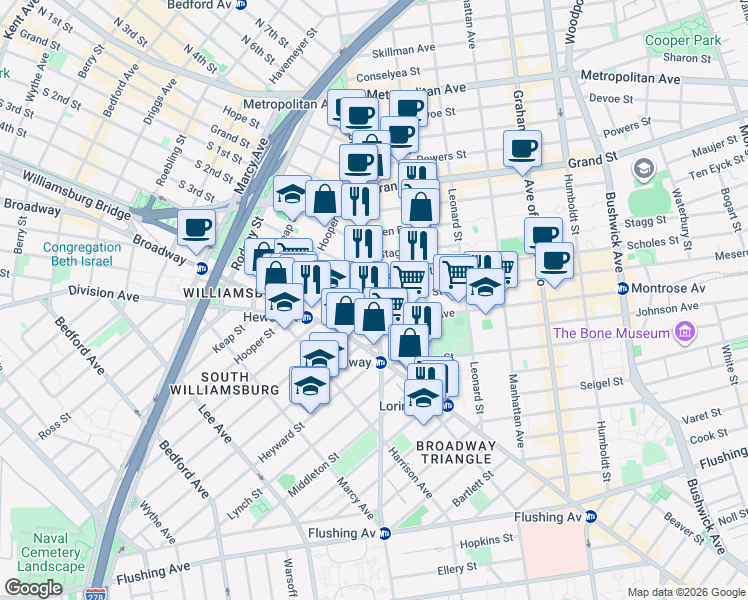 map of restaurants, bars, coffee shops, grocery stores, and more near Union Ave & Meserole St in Brooklyn
