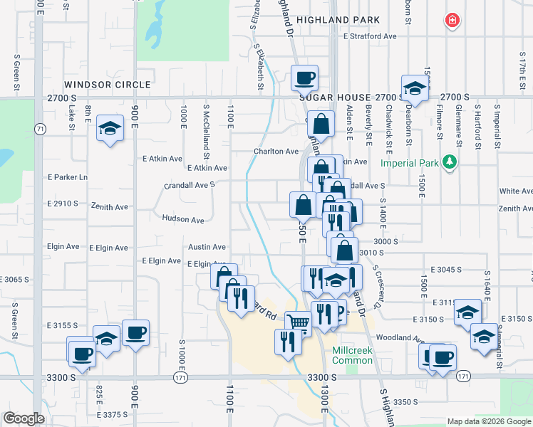 map of restaurants, bars, coffee shops, grocery stores, and more near 2947 Hudson Circle in Salt Lake City