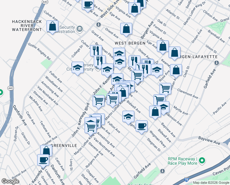 map of restaurants, bars, coffee shops, grocery stores, and more near 215 Bidwell Avenue in Jersey City