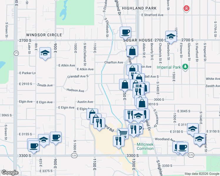 map of restaurants, bars, coffee shops, grocery stores, and more near 2947 Hudson Circle in Salt Lake City
