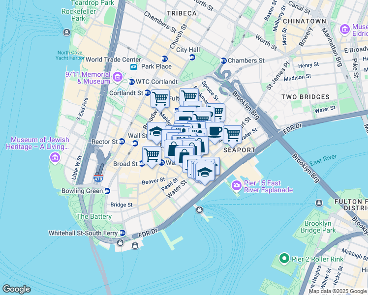 map of restaurants, bars, coffee shops, grocery stores, and more near Maiden Lane in New York