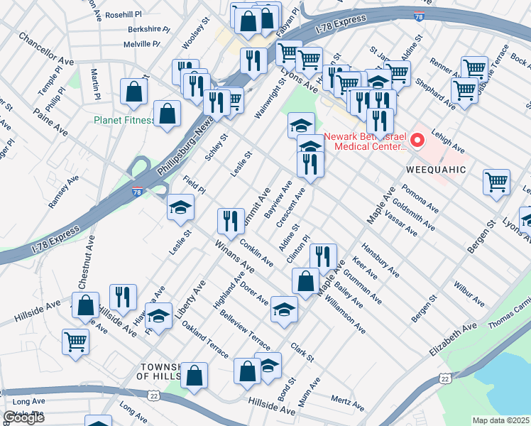 map of restaurants, bars, coffee shops, grocery stores, and more near 1618 Bayview Avenue in Hillside