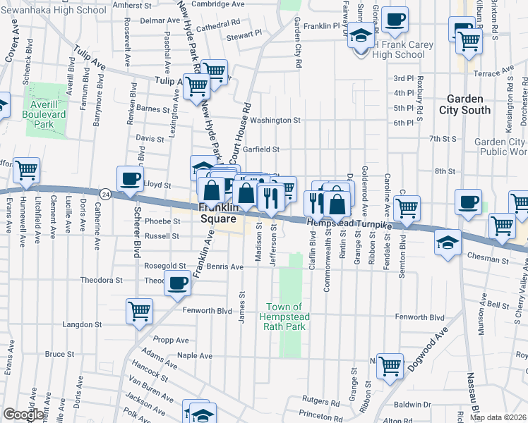 map of restaurants, bars, coffee shops, grocery stores, and more near 885 Hempstead Turnpike in Franklin Square