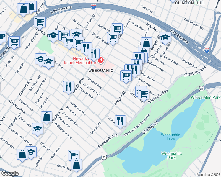 map of restaurants, bars, coffee shops, grocery stores, and more near 114 Weequahic Avenue in Newark