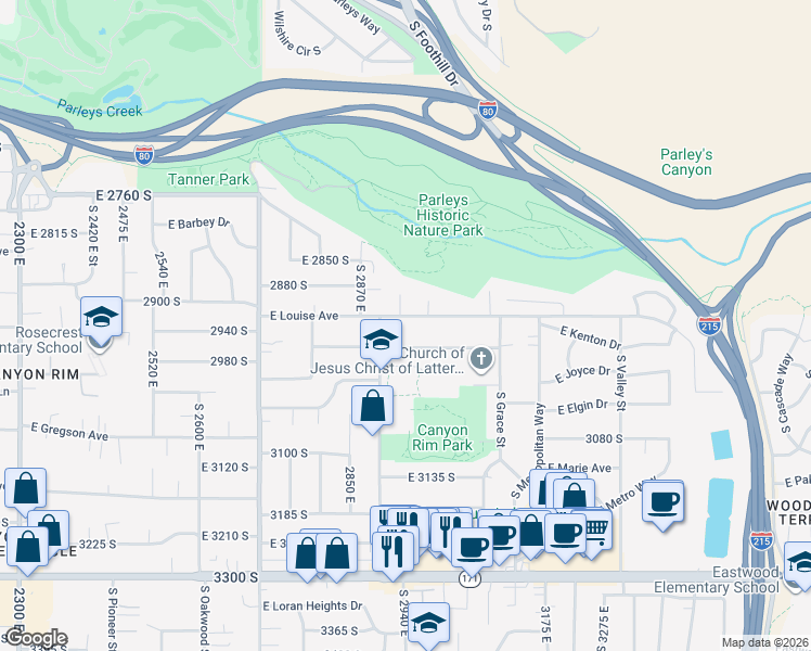 map of restaurants, bars, coffee shops, grocery stores, and more near 2957 2965 South in Salt Lake City