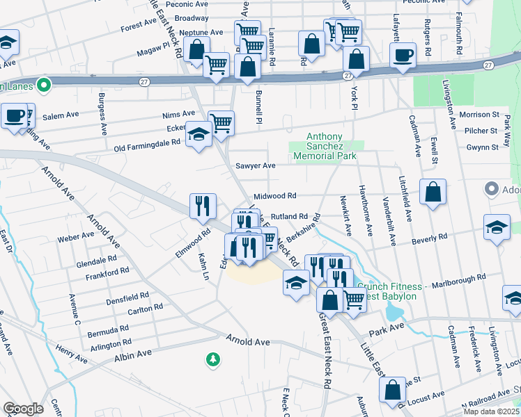 map of restaurants, bars, coffee shops, grocery stores, and more near 600 Little East Neck Road in West Babylon