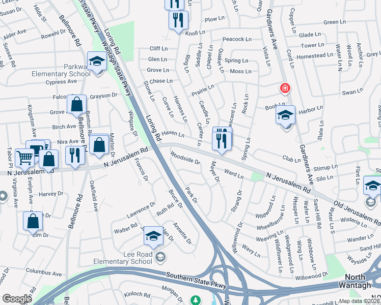 map of restaurants, bars, coffee shops, grocery stores, and more near 761 Woodside Drive in Wantagh