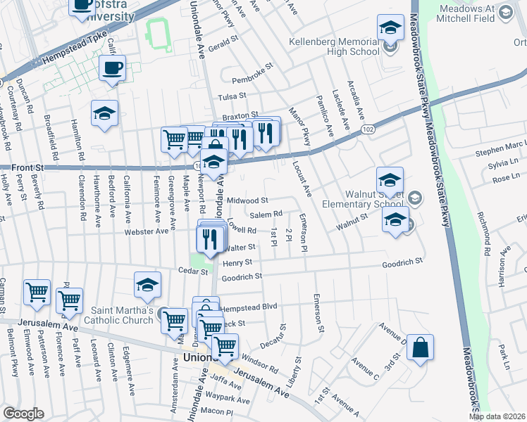 map of restaurants, bars, coffee shops, grocery stores, and more near 736 Salem Road in Uniondale