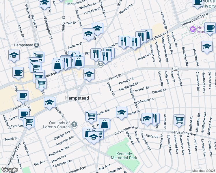 map of restaurants, bars, coffee shops, grocery stores, and more near 38 William Street in Hempstead